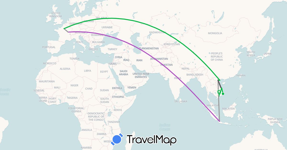 TravelMap itinerary: bus, plane, train, motorbike in France, Indonesia, Vietnam (Asia, Europe)